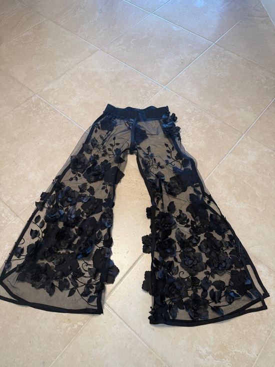 Pants - Embellished Black Sheer Floral Wide-Leg Pants